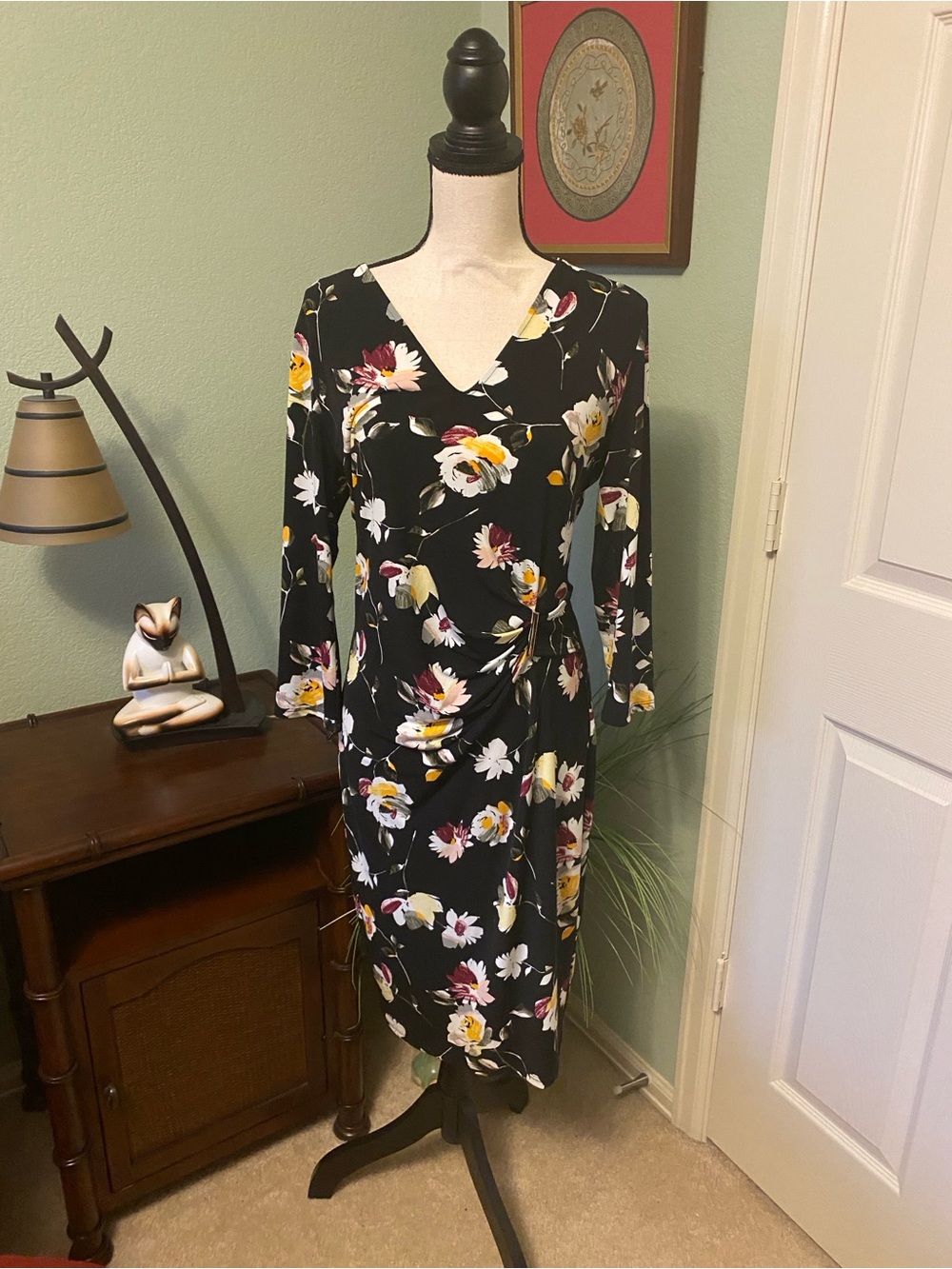 White House Black Market Black Floral Long Sleeve Wrap-Style Dress